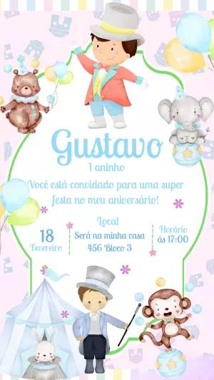 Convite Aniversário Circo Aquarela com Animais para Editar
