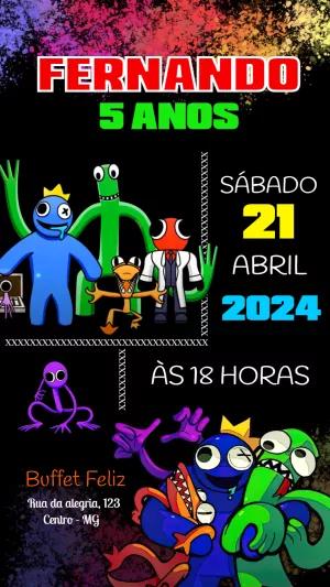 Convite Aniversário Rainbow Friends com Personagens para Editar