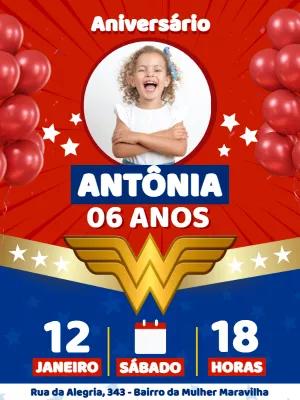 Convite Aniversário Mulher Maravilha com Foto para Editar Online