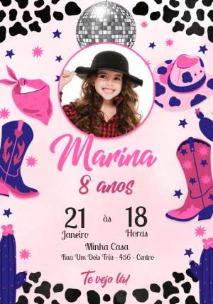 Convite Aniversário Cowgirl Boiadeira Rosa com Foto para Editar