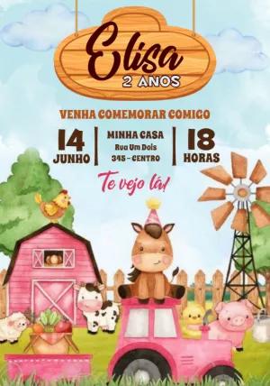 Convite Aniversário Fazendinha Rosa com Animais para Editar