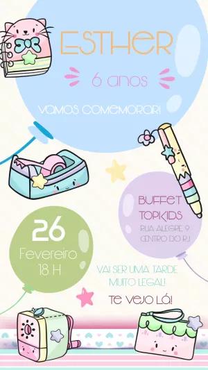 Convite Aniversário Papelaria Cute para Editar Online