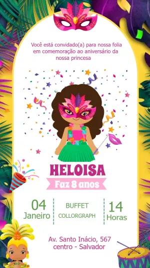 Convite de Aniversário Carnaval com Menina para Editar Online