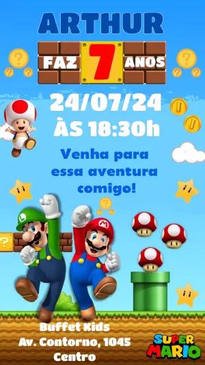 Convite de Aniversário Super Mario e Luigi para Editar Online
