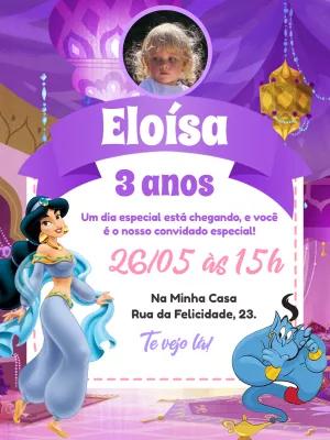Convite Aniversário Princesa Jasmine com Foto para Editar Online