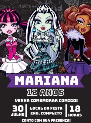 Convite de Aniversário Monster High com Personagens para Editar