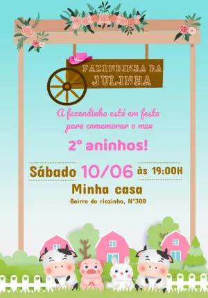 Convite Aniversário Fazendinha Rosa para Menina para Editar Online