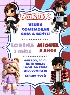 Convite Aniversário Duplo Roblox com Personagens para Editar