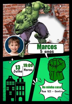 Convite Aniversário Hulk com Foto para Editar Online