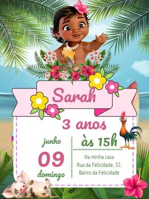 Convite de Aniversário Moana Baby para Editar Online e Imprimir