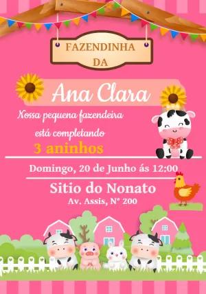 Convite de Aniversário Fazendinha Rosa para Editar Online