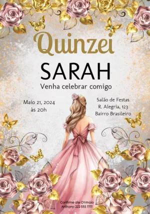 Convite 15 anos Princesa com Rosas Gold para Editar Online