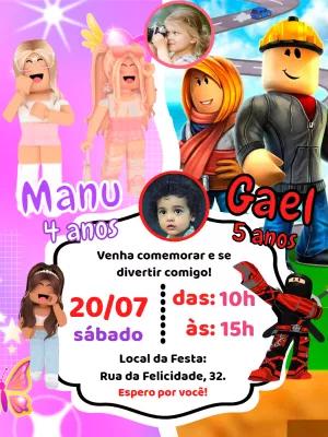 Convite Duplo Roblox Menino e Menina com Foto para Editar