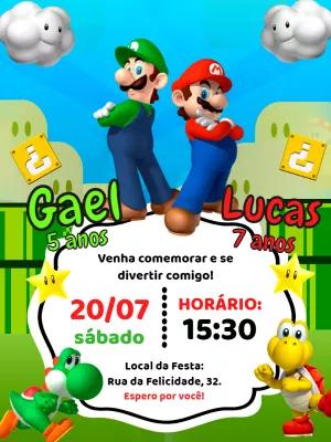 Convite Aniversário Duplo Mario e Luigi para Editar Online