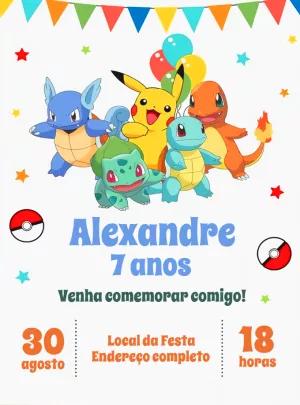 Convite Aniversário Pokémon com Personagens para Editar Online