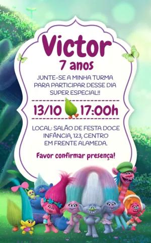 Convite de Aniversário Trolls com Personagens para Editar