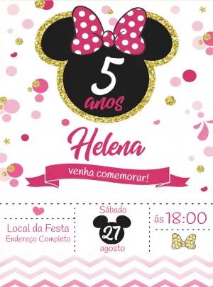 Convite Aniversário Minnie Mouse Rosa e Dourado para Editar