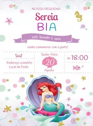 Convite Aniversário Pequena Sereia para Editar Online