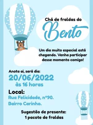 Convite Chá de Fraldas Ursinho Baloeiro para Editar Online