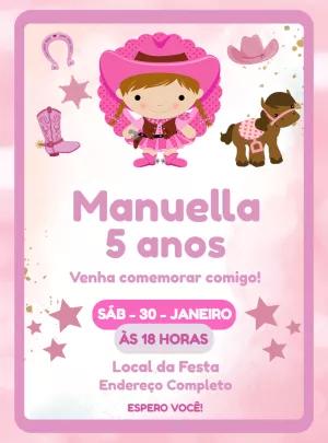Convite de Aniversário Boiadeira Rosa para Editar Online