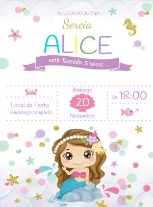 Convite Aniversário Sereia Fofa para Editar Online
