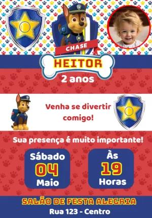 Convite Aniversário Chase Patrulha Canina com Foto para Editar