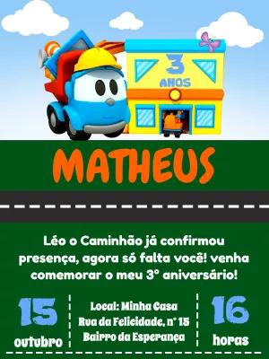 Convite de Aniversário Léo o Caminhão para Editar Online