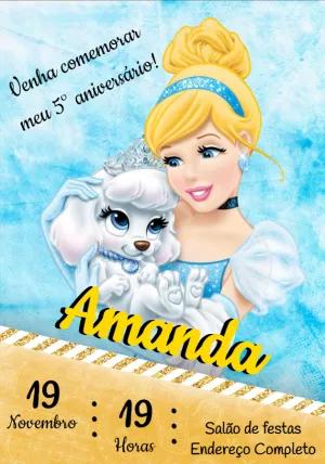 Convite Aniversário Cinderela com Pet para Editar Online
