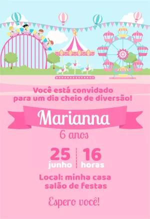 Convite Aniversário Parque de Diversões Rosa para Editar Online