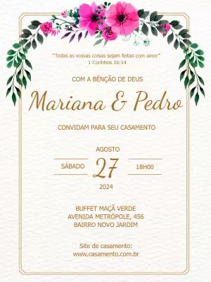 Convite de Casamento Floral com Flores Rosa para Editar Online