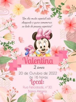 Convite Aniversário Minnie Baby Floral para Editar Online