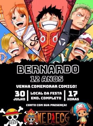 Convite de Aniversário One Piece com Personagens para Editar
