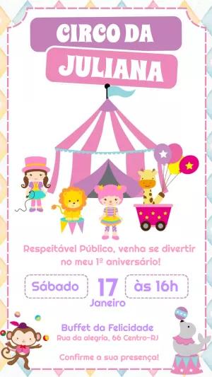 Convite Aniversário Circo Rosa com Personagens para Editar