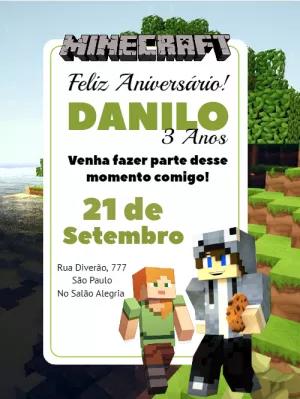 Convite de Aniversário Minecraft com Personagens para Editar Online