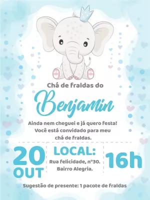 Convite Chá de Fraldas Elefantinho Azul para Editar Online