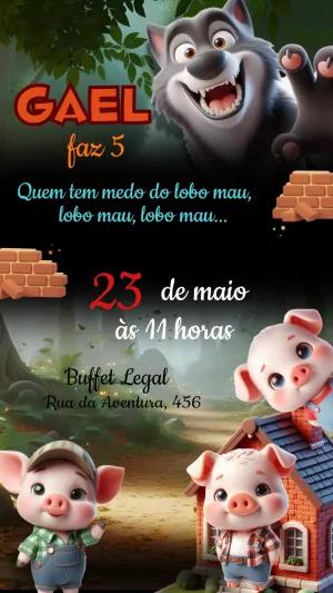 Convite de Aniversário 3 Porquinhos e Lobo Mau para Editar
