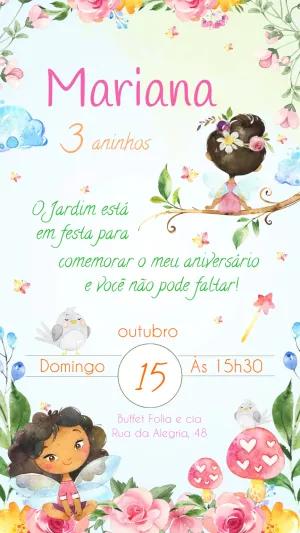 Convite Aniversário Jardim das Fadas Aquarela para Editar Online