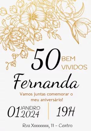 Convite Aniversário Floral Dourado Elegante para Editar Online
