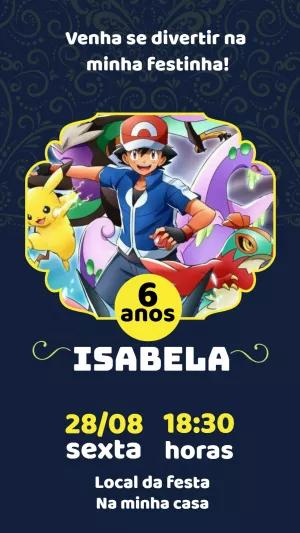 Convite de Aniversário Pokémon com Ash e Pikachu para Editar Online