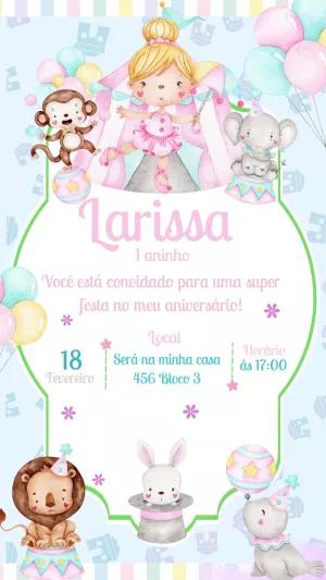 Convite Aniversário Circo Aquarela com Animais para Editar Online