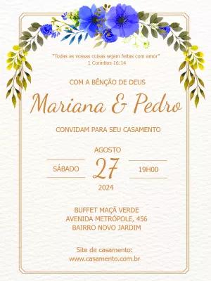 Convite de Casamento Floral Azul para Editar Online