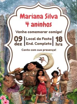 Convite Aniversário Moana com Personagens para Editar Online