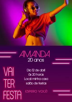 Convite de Aniversário Neon com Foto para Editar Online