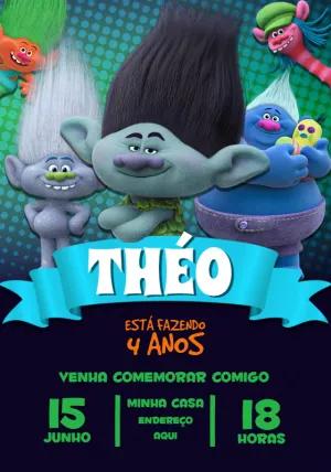Convite de Aniversário Trolls com Personagens para Editar Online