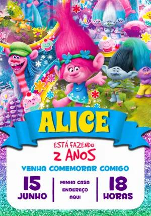 Convite Aniversário Trolls com Personagens para Editar Online
