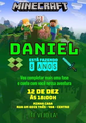 Convite Aniversário Minecraft com Personagens para Editar Online