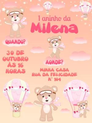 Convite Aniversário Ursinha Baloeira para Editar Online