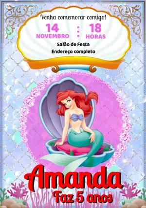 Convite de Aniversário Ariel Pequena Sereia para Editar Online