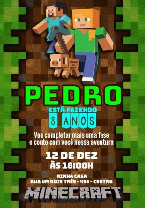 Convite de Aniversário Minecraft Editável com Personagens