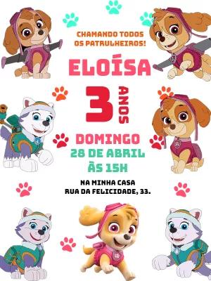 Convite de Aniversário Patrulha Canina Meninas para Editar